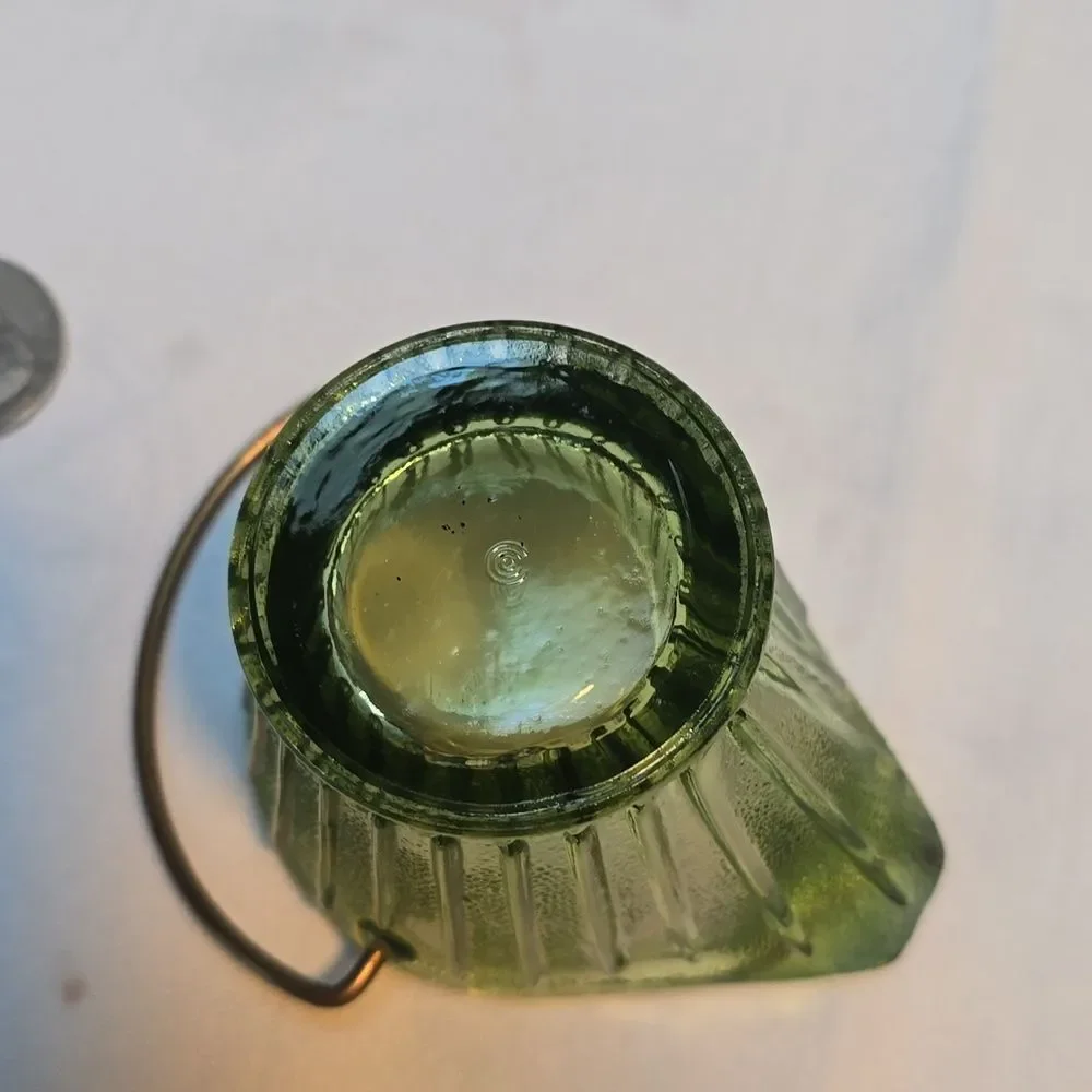 Vintage Hazel Atlas Little Coal Bucket Ashtray With Handle Green Glass 2